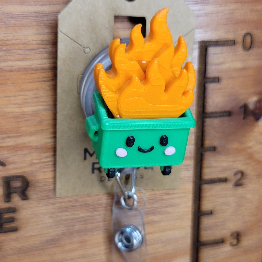 Cute Green Dumpster Fire Badge Reel - Picture 1 of 3